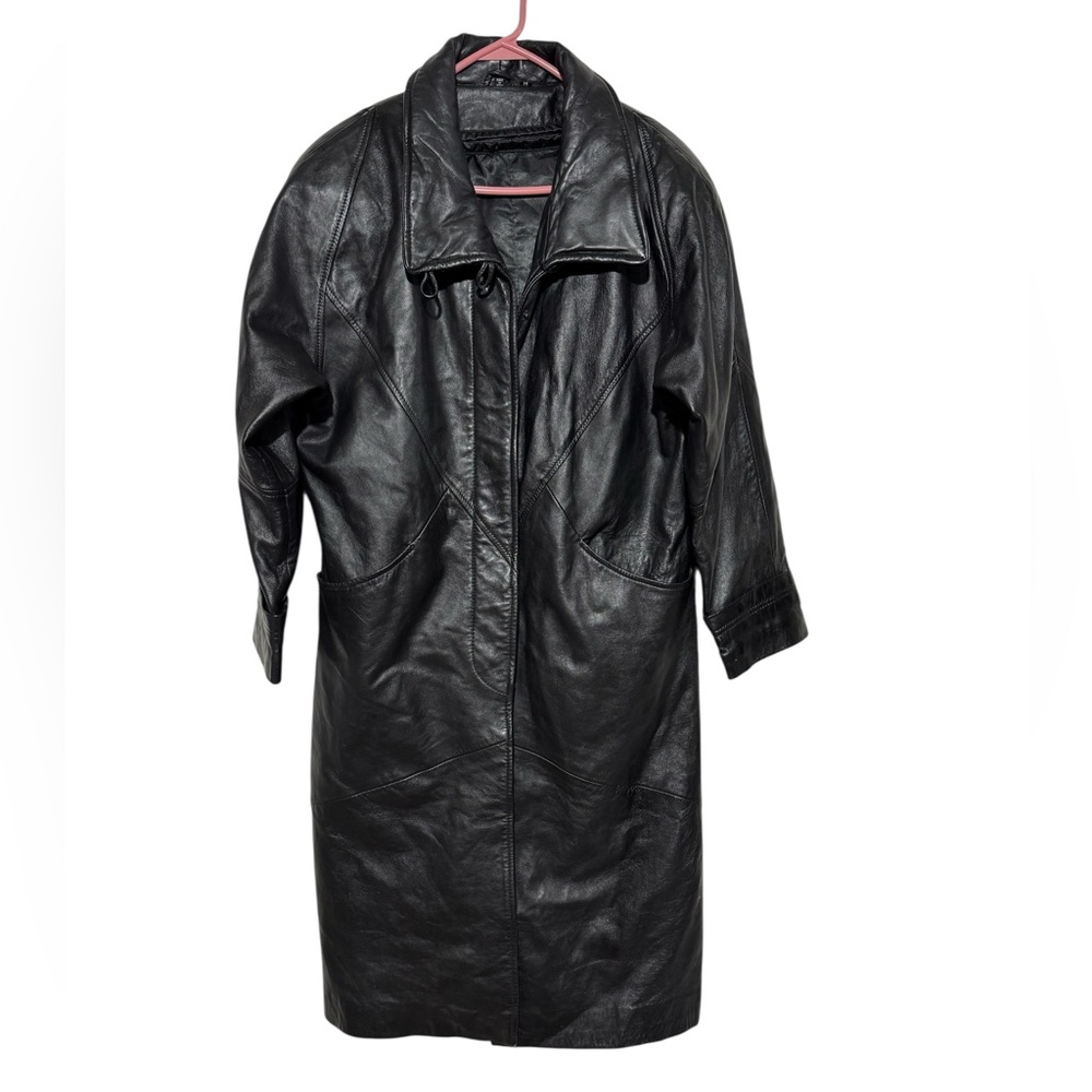 Vtg Black Leather Patchwork Trench Coat Women Size Medium Western Goth Vamp Dark